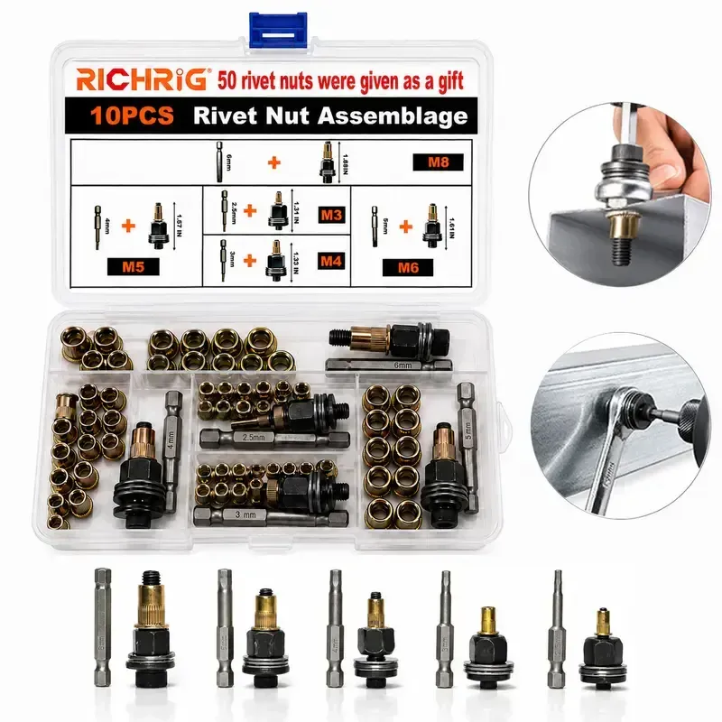 Head Rivet Nut Tool, M3 M4 M5 M6 M8 Rivnut Kit,Carbon Steel Rivnut Set - Standard Kit (Tool + 50pcs Nuts)